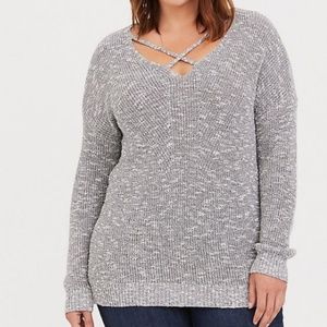 Torrid Gray Strappy Front V-Neck Pullover Sweater